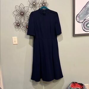 Chic Blue Midi Dress with Mock Neck and 3/4 Sleeves
